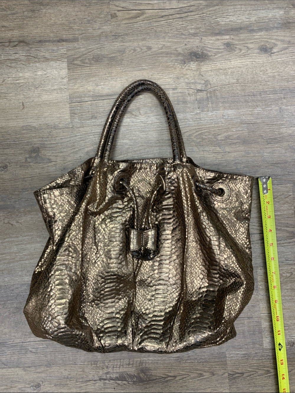 Carlos Falchi Metallic Bronze Snakeskin-Embossed Drawstring Tote